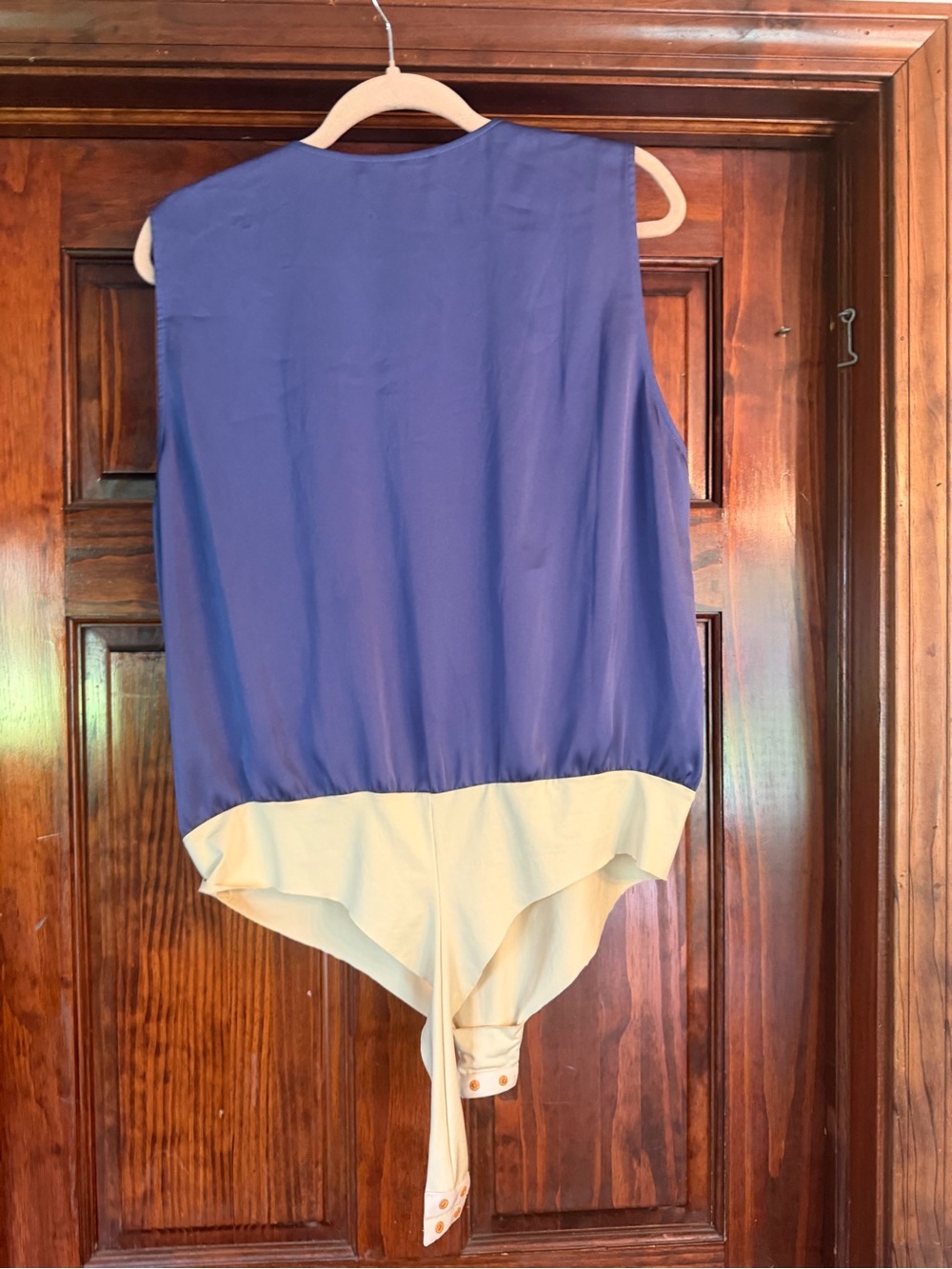 Sleeveless Purple & Cream Surplice Bodysuit Top - Picture 2 of 4